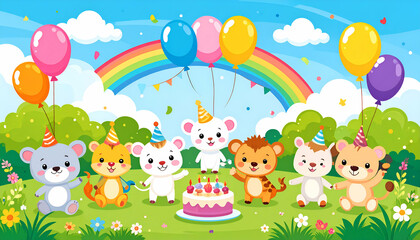 Fototapeta premium birthday background for kids with cartoon animals holding balloons, rainbow and cake