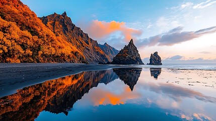 Coastal cliffs with autumn foliage reflecting in tranquil ocean water at sunrise