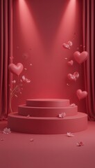 Romantic red stage with heart balloons and flowers