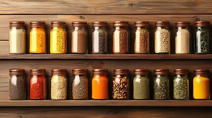 Collection of various spices and herbs in glass jars on wooden shelves