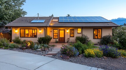Ranch style house with solar panels illuminated windows and landscaped garden at dusk