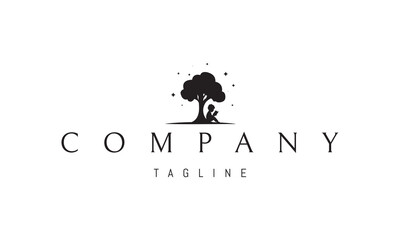 Vector logo with an abstract image of a child reading a book under a tree.