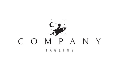 Vector logo with an abstract image of a child flying on a rocket against the background of stars in a dream.