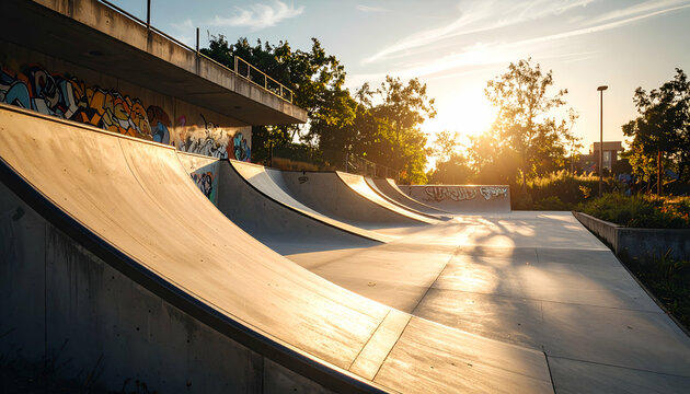 low angle view of custom-built parkour park with concrete features, graffiti walls, and soft evening glow