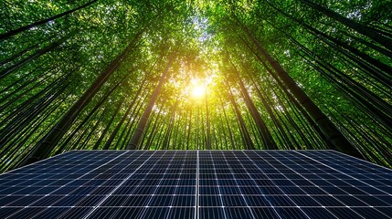 Solar Panel Array Beneath a Bamboo Forest Canopy Sunlight Streaming Through Lush Green Bamboo Trees