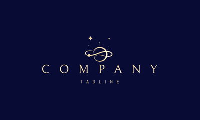 Vector golden logo with an abstract image of a planet with a single line orbit.