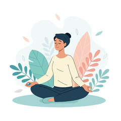Peaceful Meditation: A serene woman sits in a lotus position amidst lush foliage, eyes closed in peaceful meditation, radiating tranquility and inner peace.