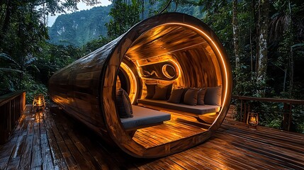 Illuminated Wooden Seated Structure in Tropical Rainforest Setting Relaxation