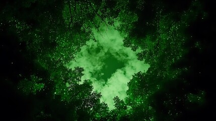 Night sky view through lush green trees illuminated clouds and foliage