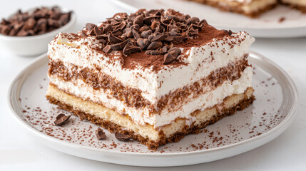 delicious serving of layered dessert featuring creamy mascarpone, cocoa, and chocolate shavings, perfect for indulgence