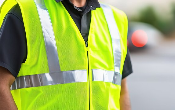 Close-up of worker wearing high visibility vest