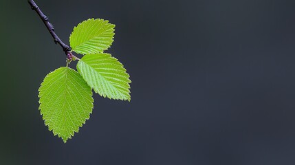 Three vibrant green leaves on a dark branch Close up of fresh spring foliage