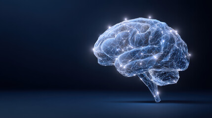 Brain injury awareness month concept with glowing low poly brain. Wireframe low poly style. Abstract modern 3d vector illustration on dark blue background.