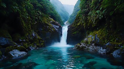 Lush green rainforest waterfall cascading into a turquoise pool Steep mossy cliffs frame the scene