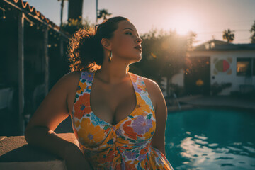 Confident plus size Black woman relaxing poolside during golden hour vacation