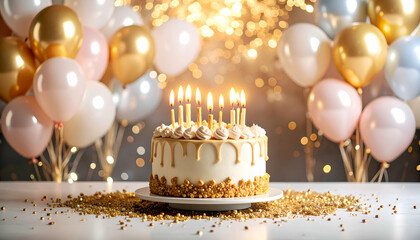 background with giant birthday cake in center, surrounded by balloons and stars, festive and dreamy gold tone