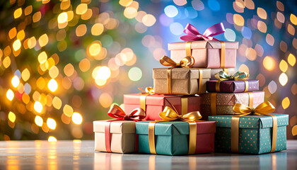 birthday gift boxes with colorful wrapping and ribbons stacked in front of blurred lights 