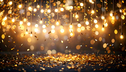 birthday party background with string lights, hanging decorations, confetti explosion