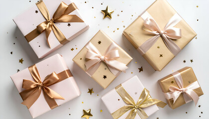 flat lay of birthday presents with bows, stars and glitter confetti, top-down angle