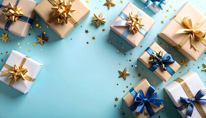 flat lay of birthday presents with bows, stars and glitter confetti, top-down angle