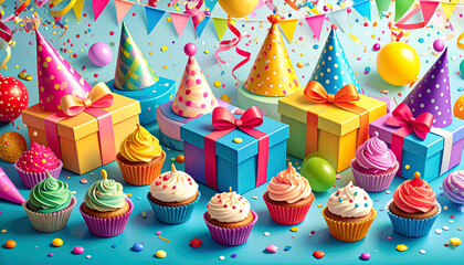 fun party background with gifts, streamers, cupcakes and party hats scattered randomly