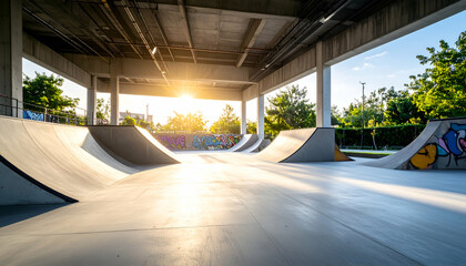 low angle view of custom-built parkour park with concrete features, graffiti walls, and soft evening glow 