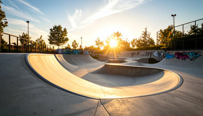low angle view of custom-built parkour park with concrete features, graffiti walls, and soft evening glow 