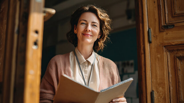 Smiling teacher standing by classroom door with open notebook, ready to welcome students, soft lighting, friendly expression, nurturing educational atmosphere