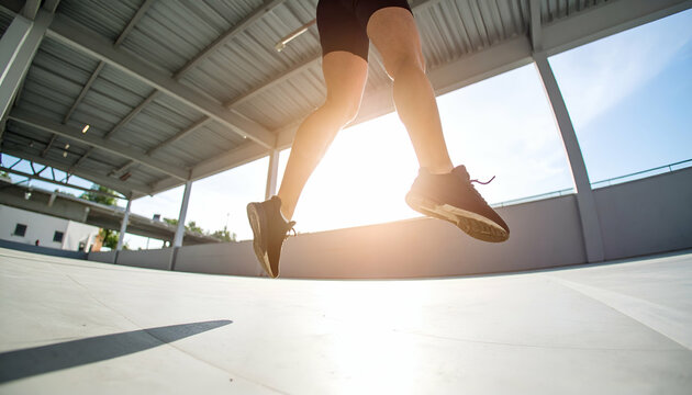 fisheye view from below of parkour athlete jumping overhead, feet in focus