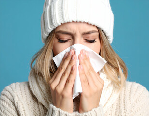 woman sneezing into tissue in cold blue background