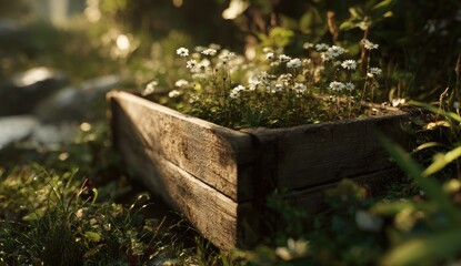 Sunlit wooden box overflowing with delicate white wildflowers nestled in a verdant, mossy setting