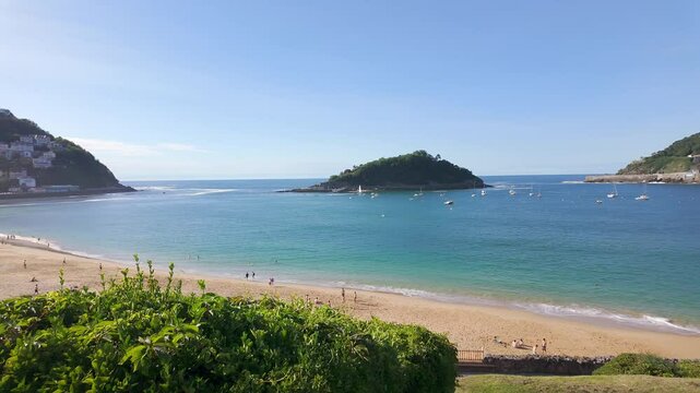 Panoramic view of La Concha Bay with its large beach in the resort town of San Sebastian, Basque Country.