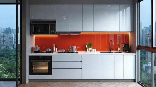 Modern white kitchen with orange accent wall. Large window overlooking city and trees