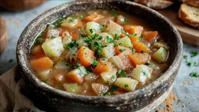 A hearty vegetable soup simmering on the stove, with carrots and herbs as its main ingredients. A wholesome meal perfect for colder weather.