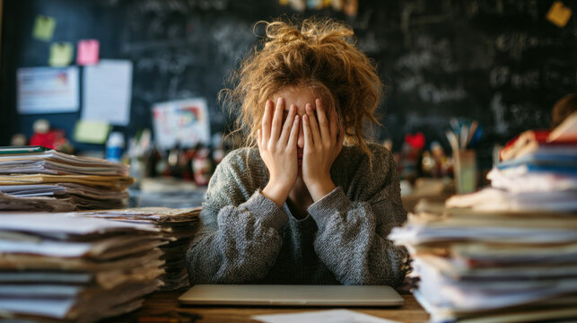 Tired woman sitting at desk in high school classroom, hands covering face, surrounded by stacks of papers and grading sheets, laptop open, signs of stress and burnout from overwhelming workload