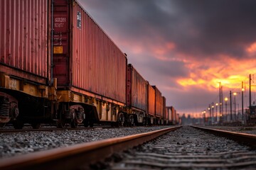 Obraz premium Freight train with numerous cargo containers at sunset, low angle view