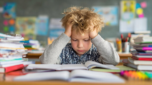 Young boy struggling with homework in classroom, looking down at notebook, frowning, learning materials around, colorful walls and posters, theme of academic stress in early education