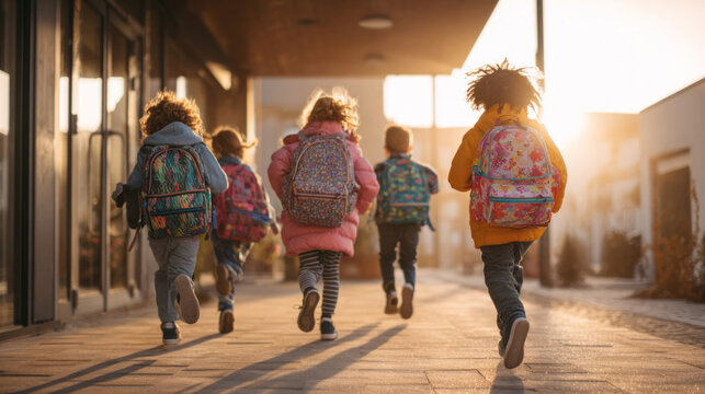 Young children wearing colorful backpacks running together toward school entrance, back view, warm morning light, laughter and excitement, primary school environment