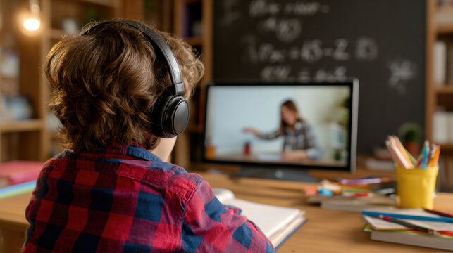 Young student in headphones watching virtual class on tablet, math lesson displayed with female teacher explaining numbers on board, books and school supplies on table, homeschool environment - Powered by Adobe