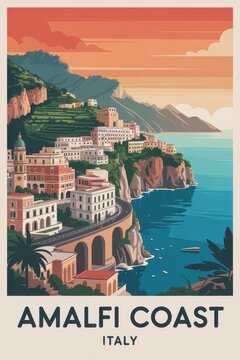 Vintage Travel Poster of Amalfi Coast Cliffside Seaside Town, Italy

