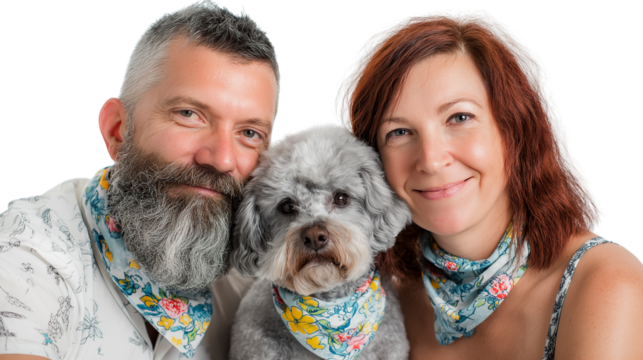 Couple with their poodle wearing matching summer bandanas, bright lighting, white background, PNG - Powered by Adobe
