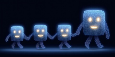 Friendly glowing square characters holding hands in a joyful digital world, representing unity and positivity through vibrant technology expressions in a minimalist setting