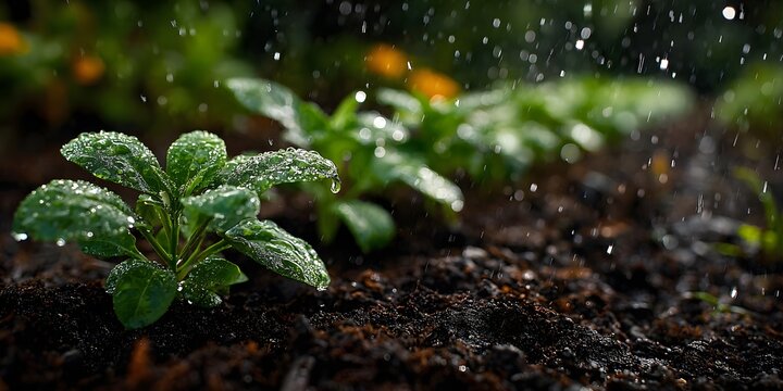 Macro photorealistic shot of a row of young green seedlings in rich dark soil, glistening with fresh water droplets against a lush, blurred green background.
