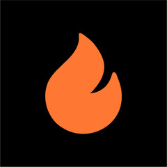 Minimalist Orange Flame Icon on Black Background – Energy, Passion, and Trend Vector Symbol,A bold and stylized orange flame icon depicted on a black background, featuring a smooth, single-shape desig