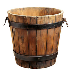 Obraz premium Rustic wooden bucket with iron bands, isolated on black background, vintage style, empty container