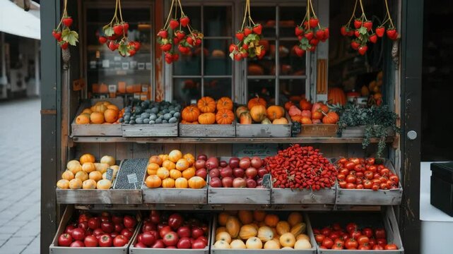 Fresh fruit and vegetable display at farmers market. Colorful produce includes apples, oranges, and tomatoes in wooden crates.