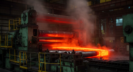 A large, red-hot steel slab moves through an industrial rolling mill, with steam rising from the cooling process.