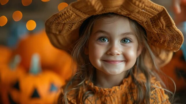 Adorable girl in orange knitted hat and sweater smiles near pumpkins. Halloween costume for child includes warm sweater and unique hat.