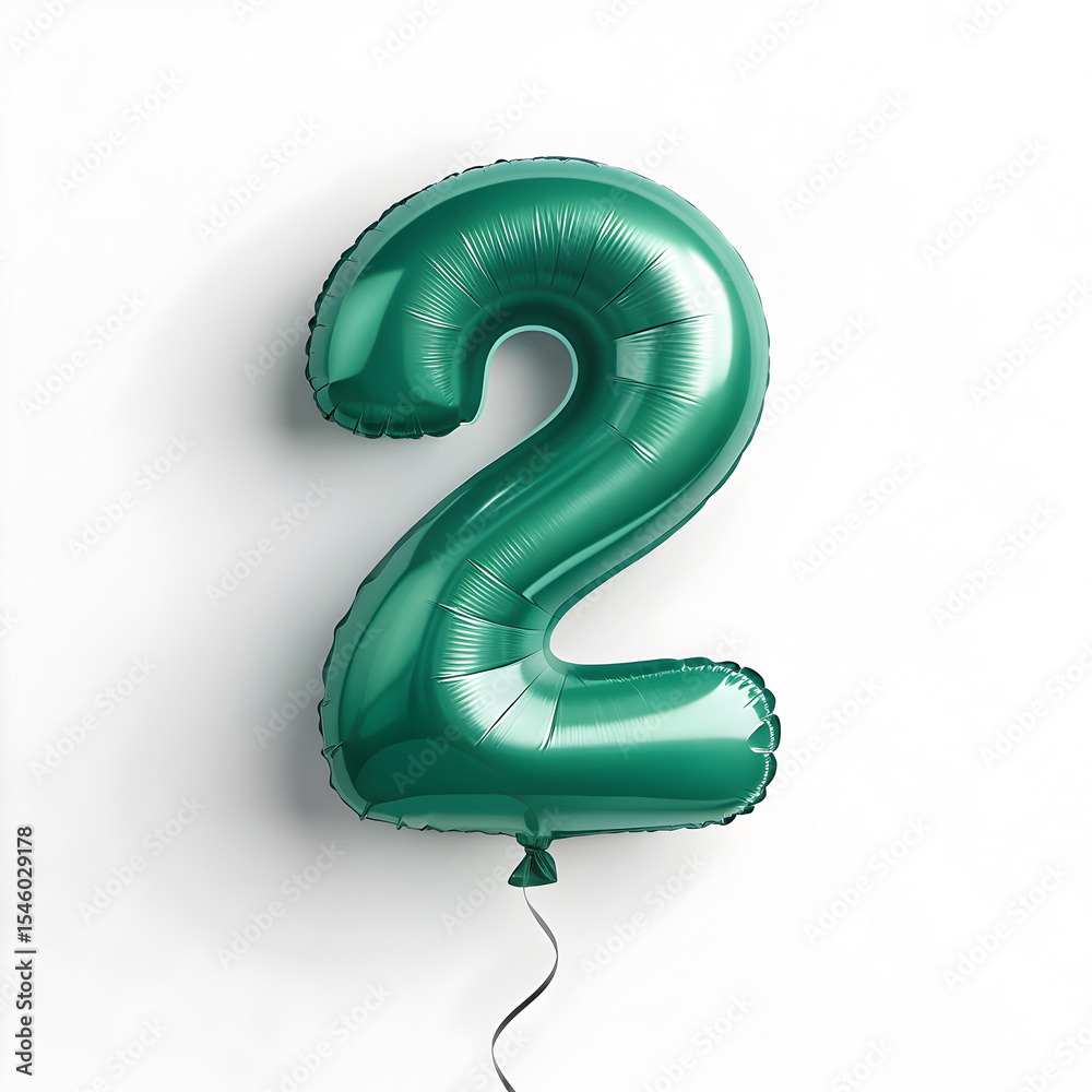 Fototapete a balloon shaped like the number 2,emerald green metallic finish with realistic reflections and smoo