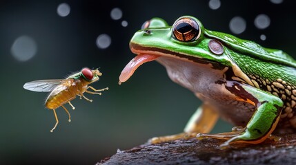 Naklejka premium A high-speed capture of a frog snapping at a passing fly, its sticky tongue extending